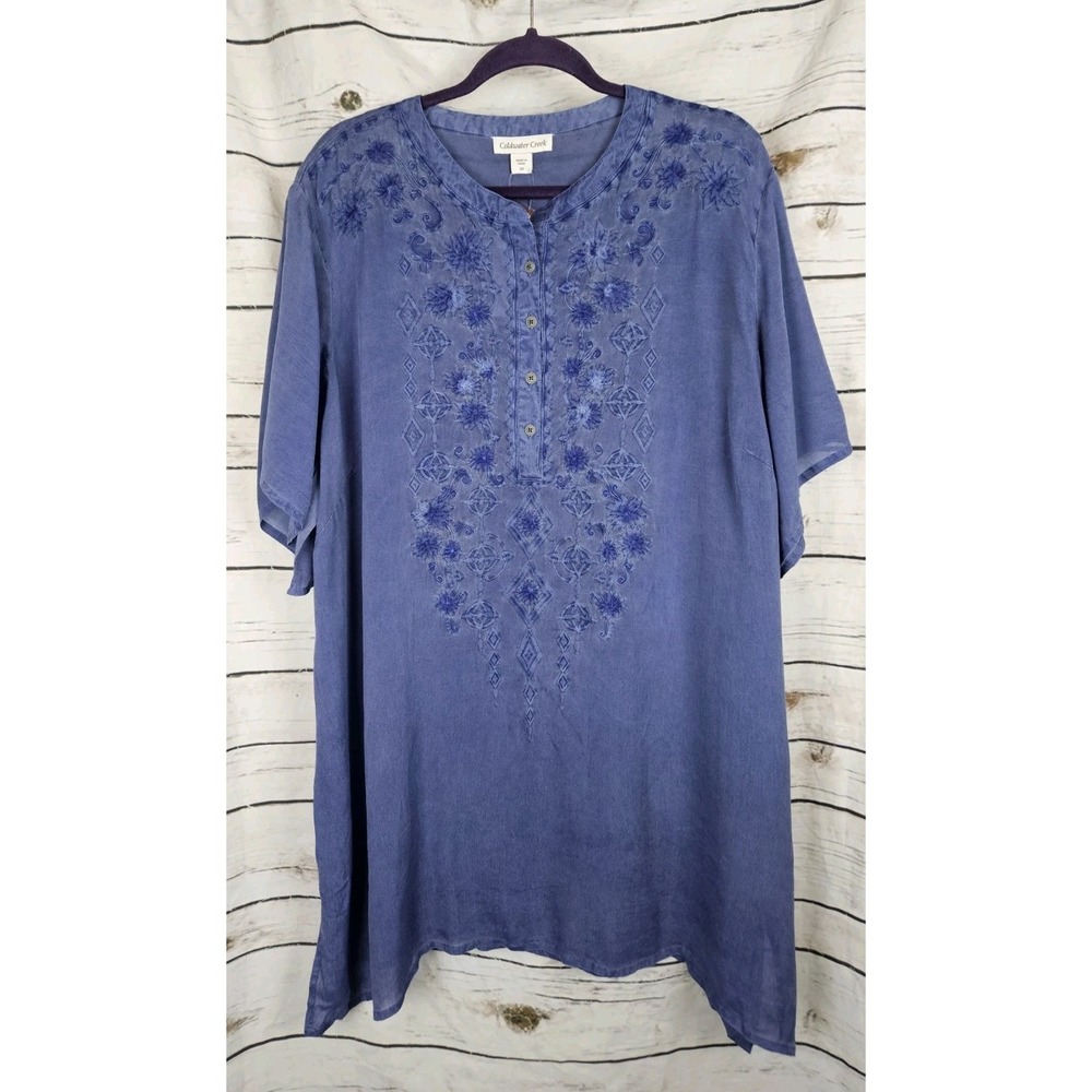 Coldwater Creek Blue Embroidered Tunic Top 3X Womens Popover 100% Cupro Boho